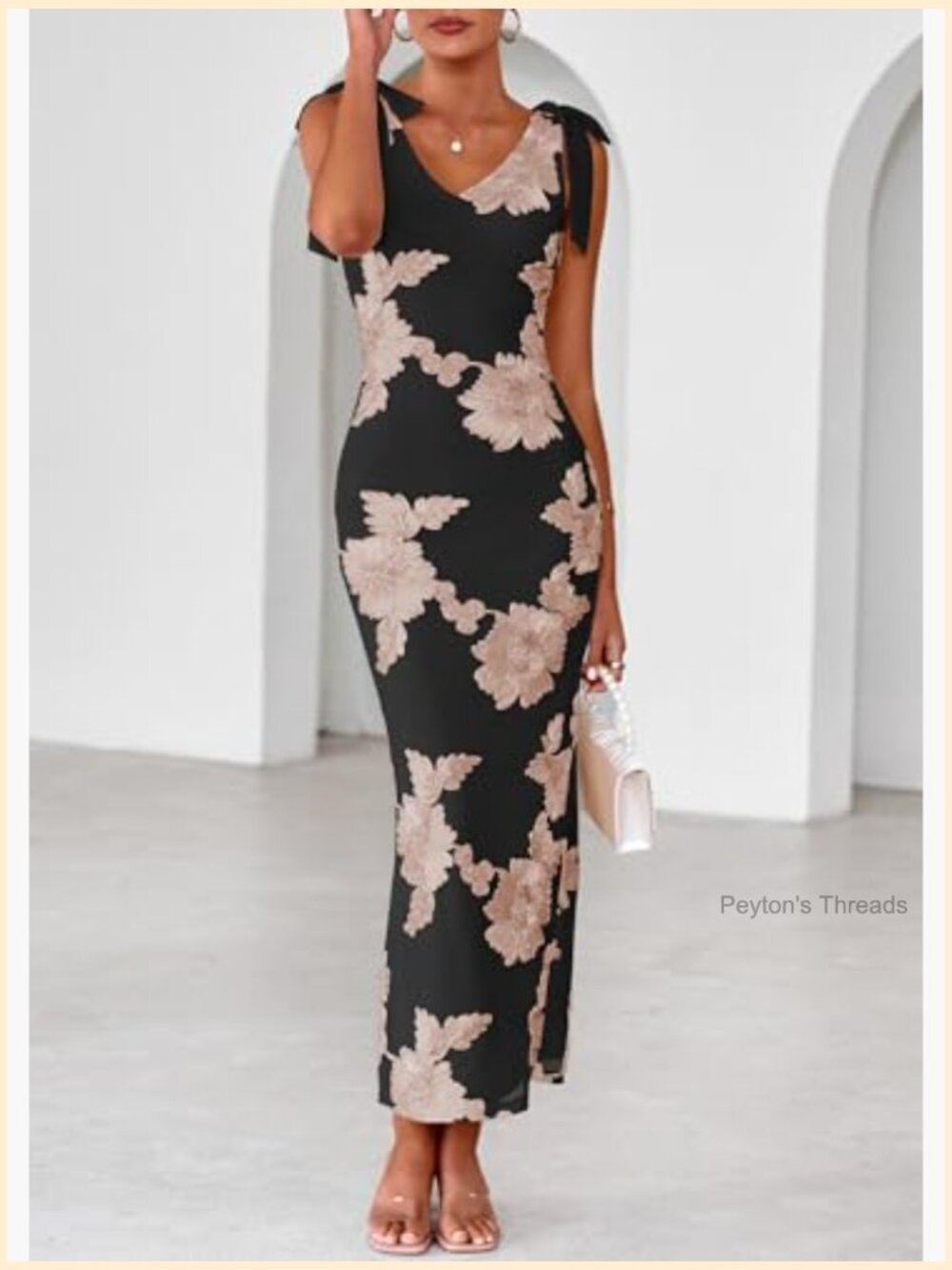 Floral Embroidered Maxi Dress Sleeveless V Neck Tie Strap Mesh Cocktail Dress - Picture 3 of 7